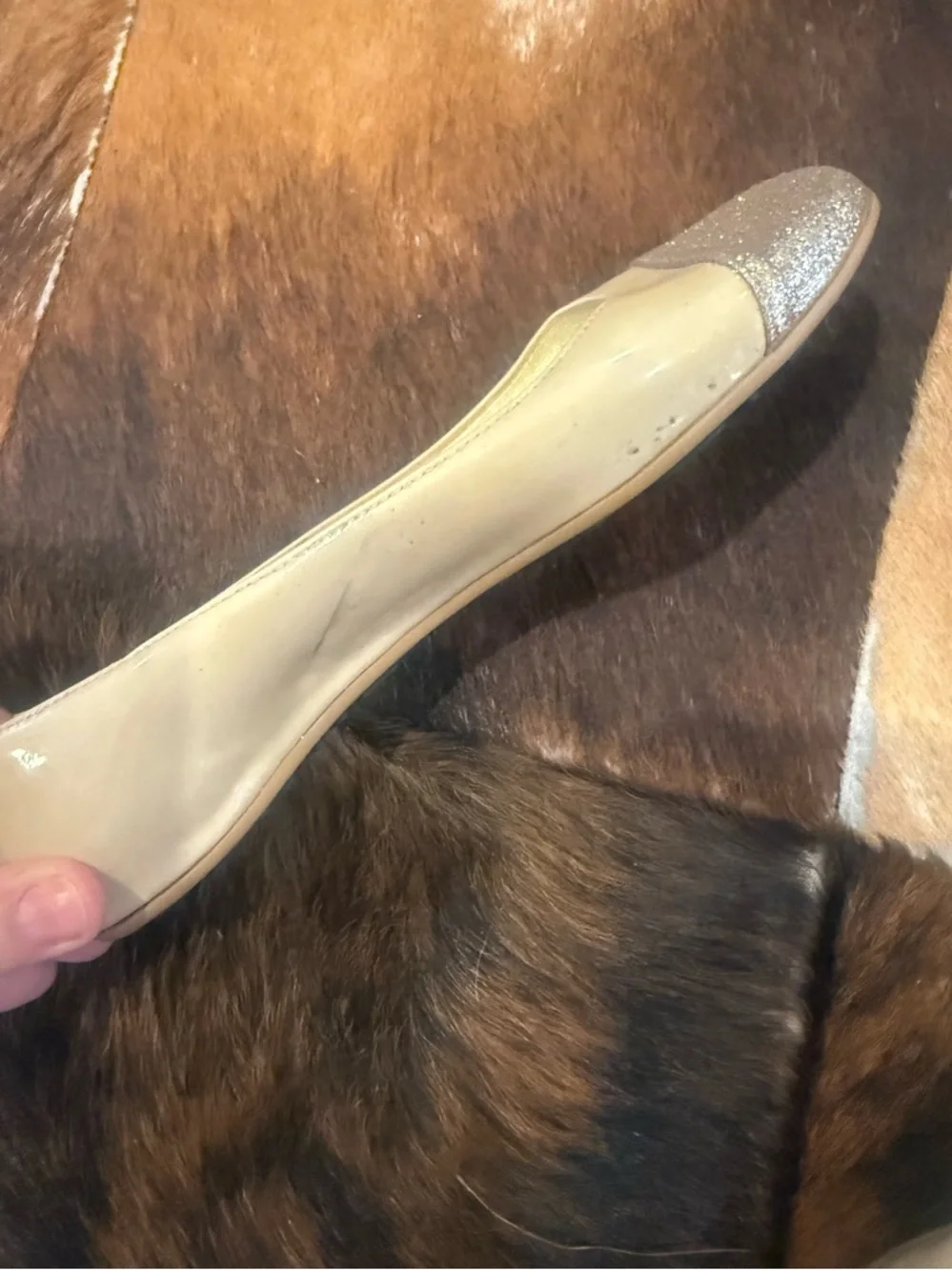 JIMMY CHOO Beige Patent Leather Glitter-Toe Whirl Flats